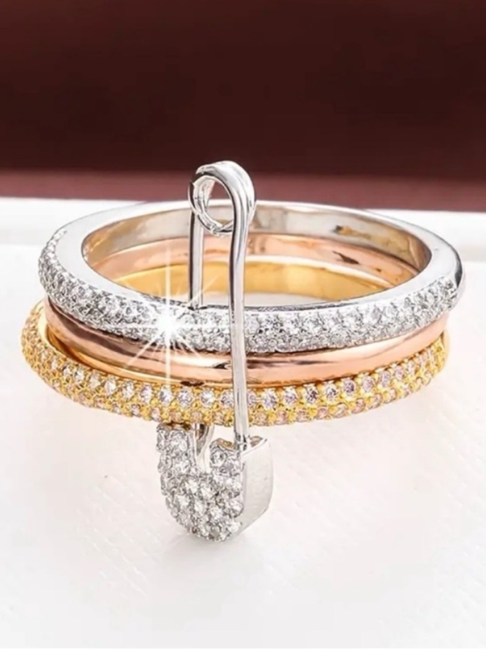 Tricolor CZ Safety Pin Ring - Rose Gold, Gold & Silver - Picture 2 of 6